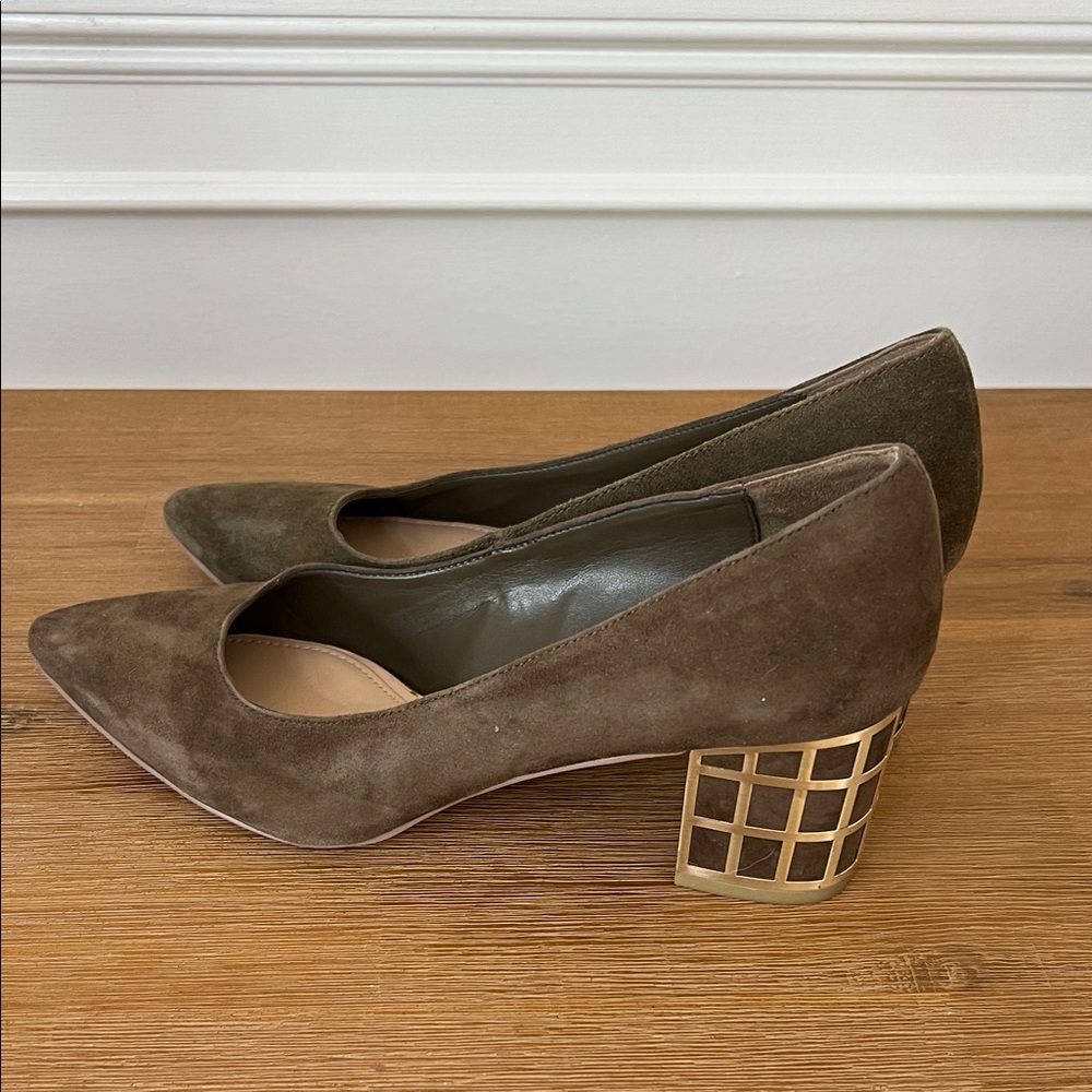 Brian Atwood Women's Heels Block Heel Pumps Olive Suede 6.5 - Picture 8 of 8